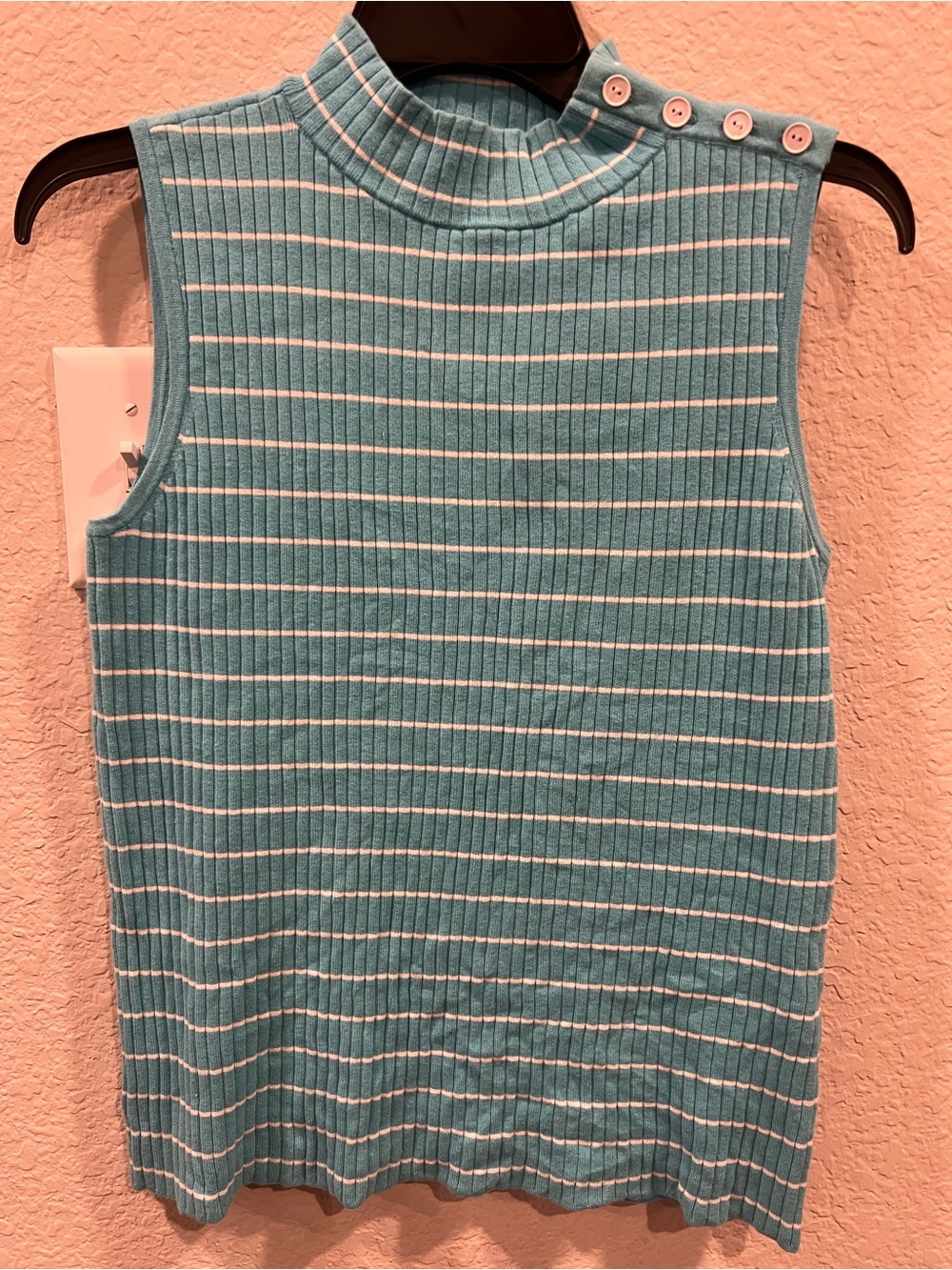 Talbots Blue and White Ribbed Mock Neck Sleeveless Tank with Button Shoulder